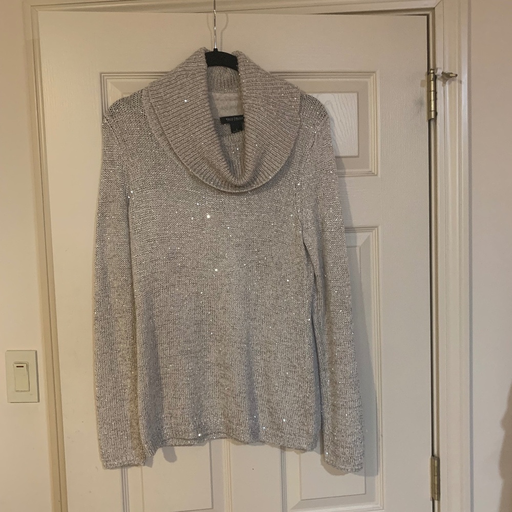 White House Black Market Tan Sequin Cowl Neck Sweater sz S